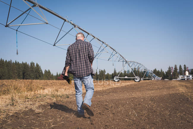 Rückansicht eines Bauern, der an einem sonnigen Tag auf einem Feld spaziert — Stockfoto