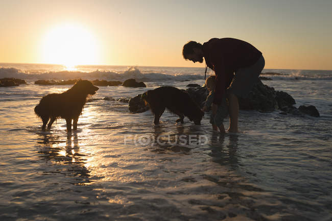 Батько і син грають на пляжі під час заходу сонця — стокове фото