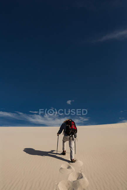 Vista posteriore dell'escursionista con palo da trekking che cammina sulla sabbia — Foto stock