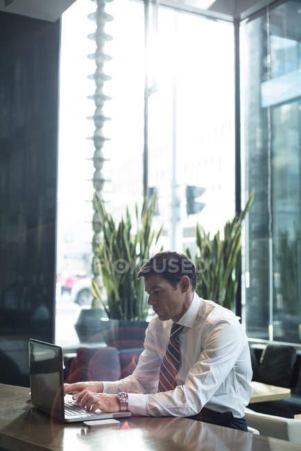 Homme d'affaires utilisant un ordinateur portable dans le hall de l'hôtel — Photo de stock