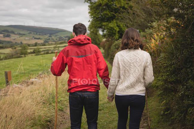 Вид сзади пары, идущей с палкой рядом с сельской местностью — стоковое фото