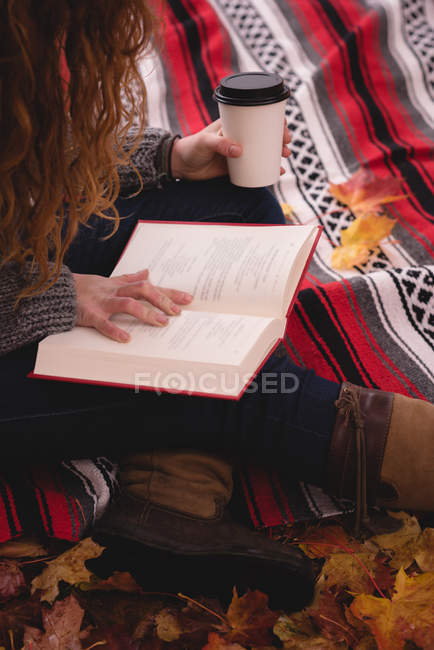Primer plano de la mujer sentada en una manta y leyendo un libro en el parque de otoño - foto de stock