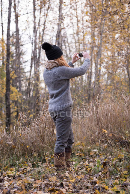 Visão traseira da mulher em chapéu de lã tirando foto da floresta de outono — Fotografia de Stock