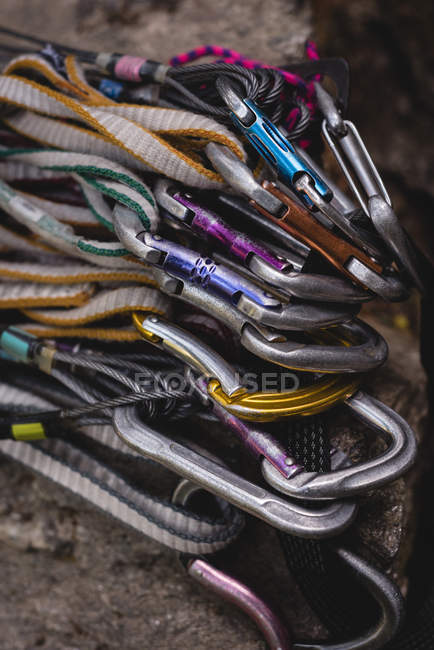 Close-up of harness with rope on rock — Stock Photo