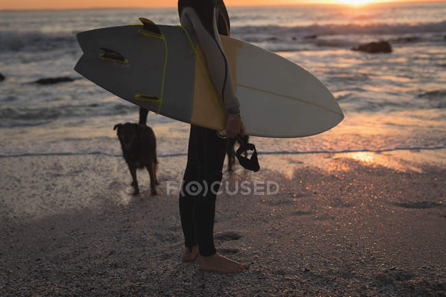 Surfista con tabla de surf de pie en la playa al atardecer - foto de stock