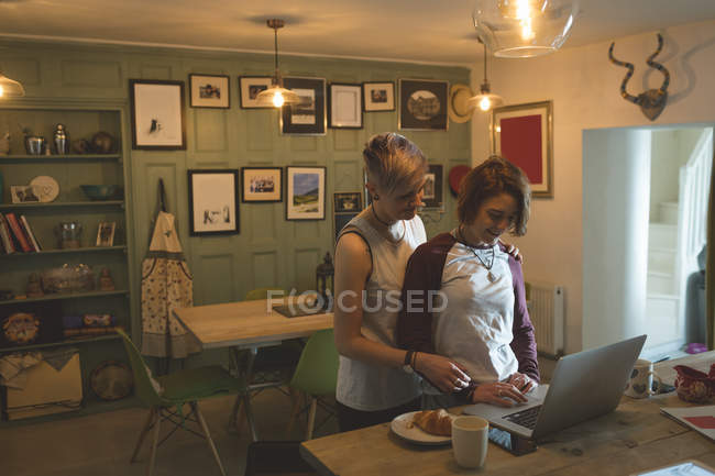 Lesbisches Paar benutzt Laptop im Wohnzimmer zu Hause. — Stockfoto