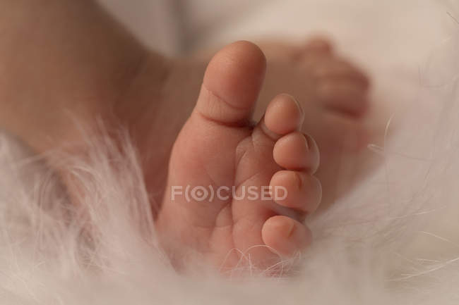 Primer plano de los pies del bebé recién nacido acostado en la cama . - foto de stock