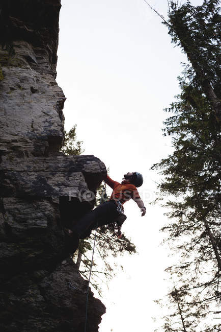 Низький кут зору скелелаз сходження кам'янистій скелі — стокове фото