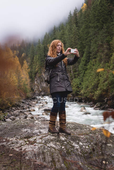 Mujer fotografiando en bosque de otoño cerca del arroyo - foto de stock