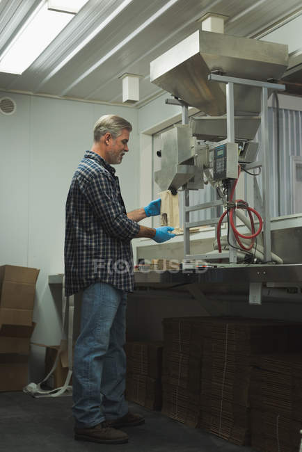 Mann raffiniert Getreide in Maschine in Fabrik — Stockfoto