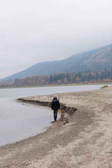 Hombre y su perro mascota paseando en la orilla del río - foto de stock