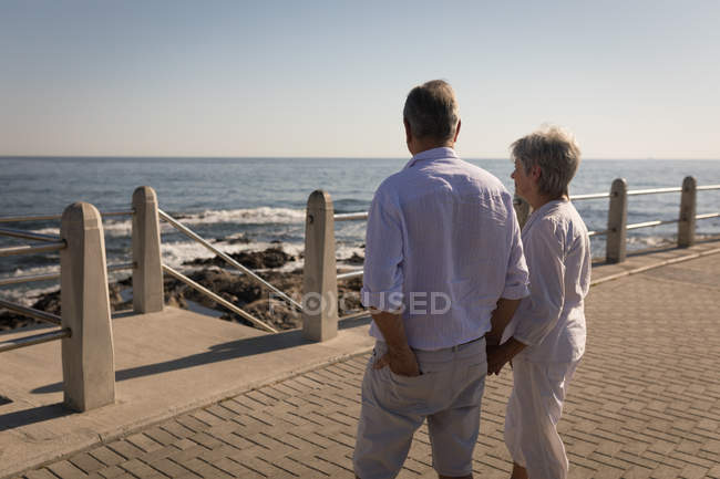 Casal sênior de pé perto do lado do mar no passeio — Fotografia de Stock
