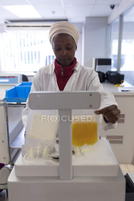 Laboratory technician checking weight of plasma bags in blood bank — Stock Photo