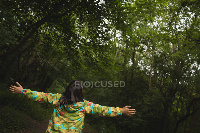 Vue arrière de la fille avec les bras tendus debout dans la forêt — Photo de stock