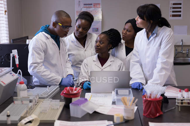 Grupo de técnicos de laboratorio discutiendo sobre portátil en banco de sangre - foto de stock