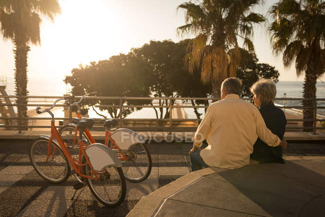 Вид сзади на пожилую пару, сидящую на стене сиденья на набережной в солнечный день — стоковое фото