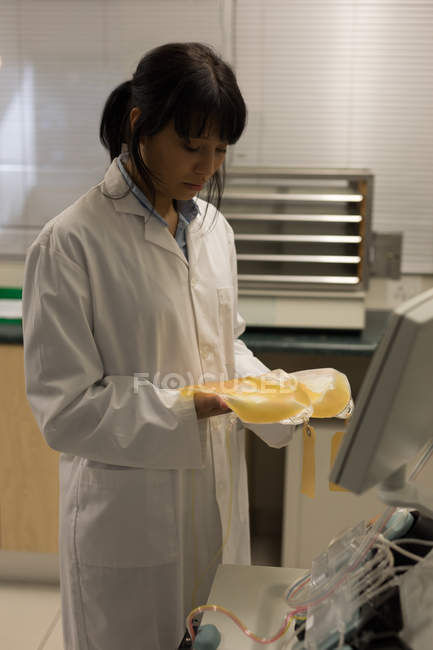 Técnico de laboratorio sosteniendo bolsas de plasma en banco de sangre - foto de stock