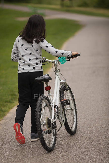 Vista posteriore della ragazza che cammina con la bicicletta sulla strada — Foto stock