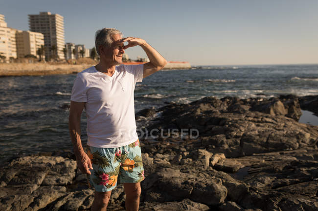 Senior steht an sonnigem Tag auf Felsen in der Nähe des Meeres — Stockfoto