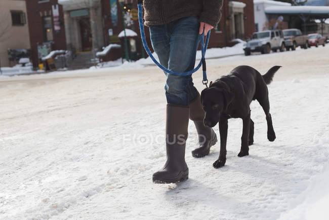Man walking with his dog on street during winter — Stock Photo
