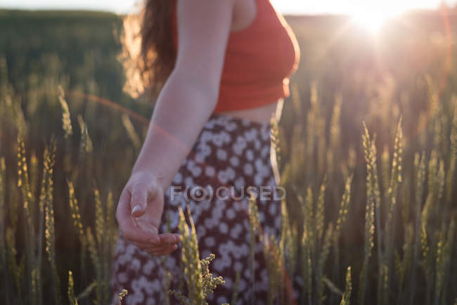 Средняя часть женщины, стоящей с распростертыми в поле руками — стоковое фото