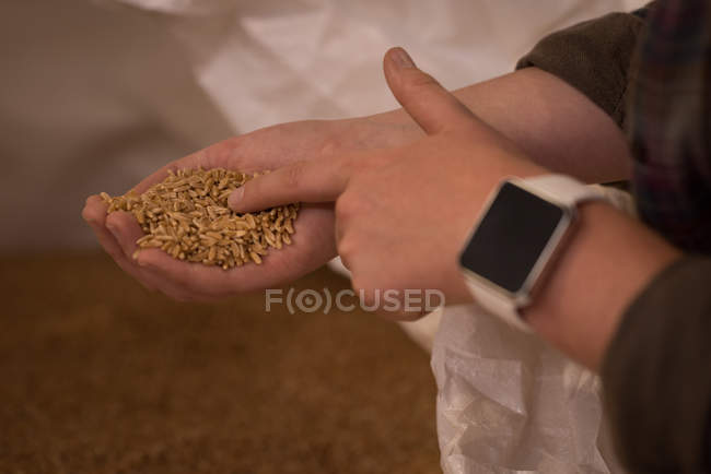 Nahaufnahme einer Arbeiterin bei der Kornkontrolle im Lager — Stockfoto