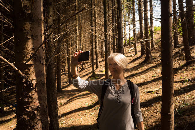 Женщина делает селфи с мобильным телефоном в лесу — стоковое фото