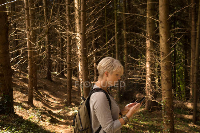 Vista lateral de la mujer usando el teléfono móvil en el bosque - foto de stock