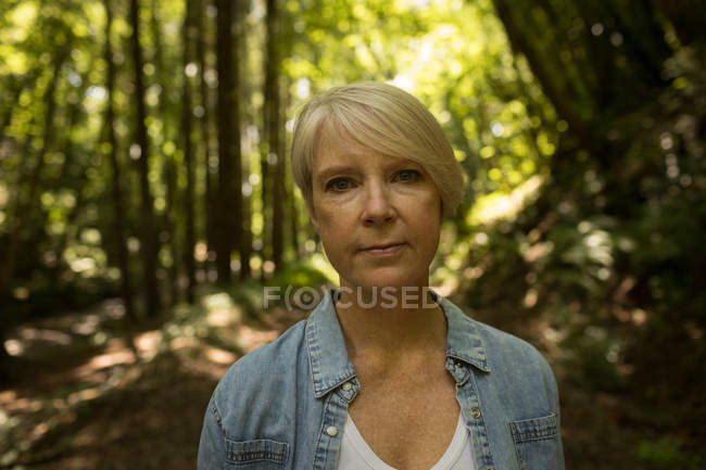 Retrato de la mujer de pie en el bosque - foto de stock