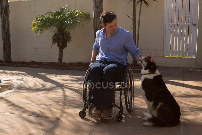 Інвалідів людина ласки свого собаку у дворі сонячний день — стокове фото