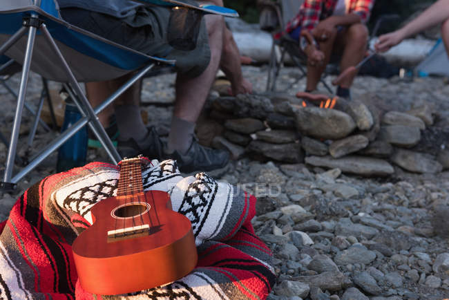 Close-up of guitar on picnic blanket at campsite — Stock Photo