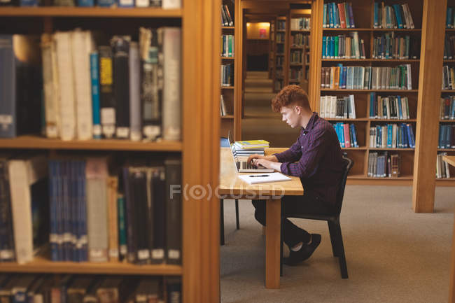Вид збоку студента коледжу, який використовує ноутбук у бібліотеці — стокове фото