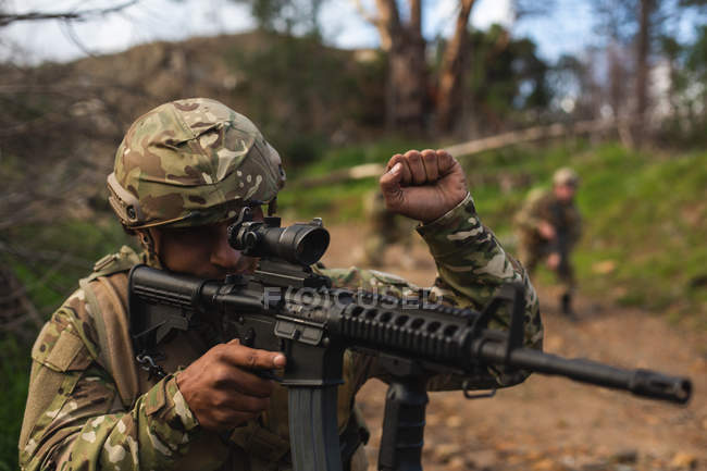 Military soldiers training together during military training — Stock Photo