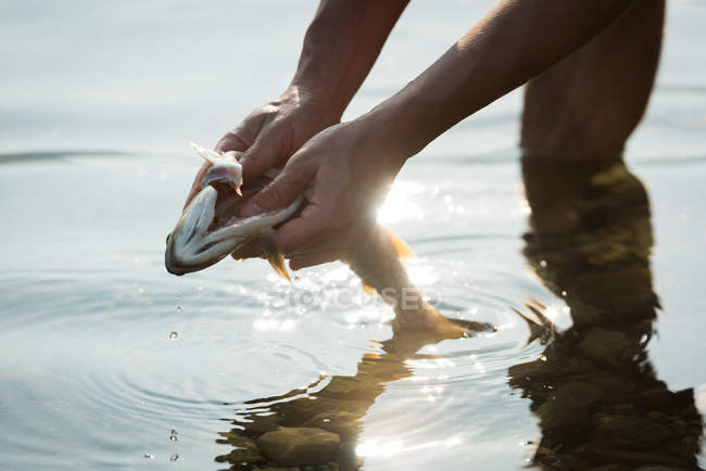 Partie médiane du pêcheur tenant un poisson près du bord de la rivière — Photo de stock