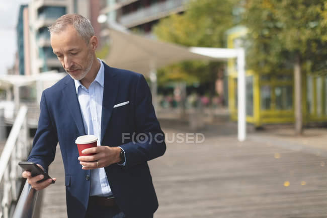 Uomo d'affari che utilizza il telefono cellulare sul lungomare in una giornata di sole — Foto stock