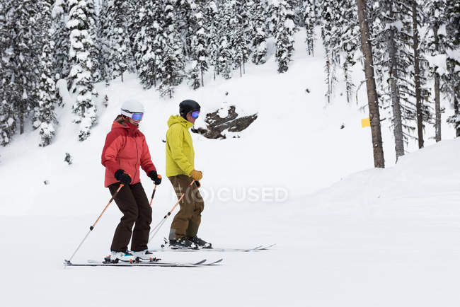 Esquiador pareja esquiando en el paisaje nevado durante el invierno - foto de stock