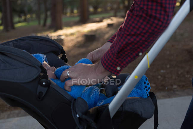 Padre con il suo bambino in una carrozzina al parco in una giornata di sole — Foto stock