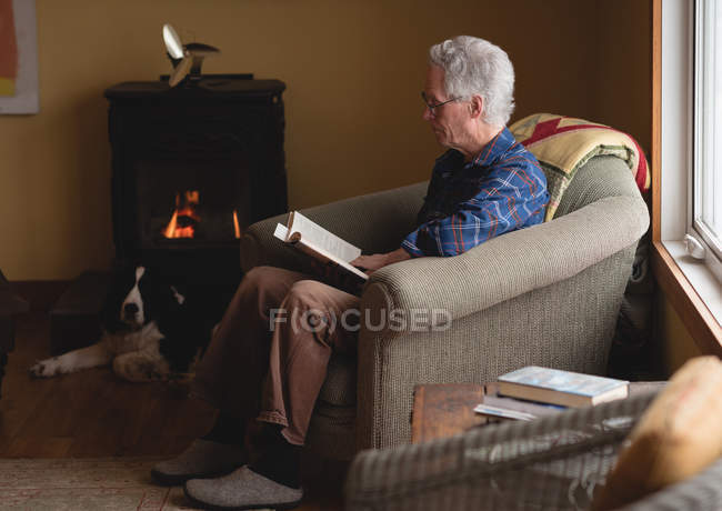 Homme âgé lisant le livre sur fauteuil dans le salon à la maison — Photo de stock