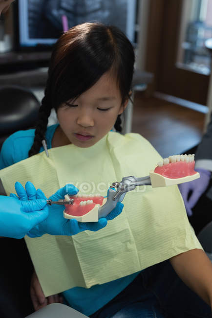 Dentista mulher explicando sobre modelo de dentes na clínica — Fotografia de Stock