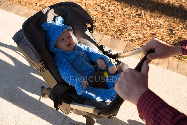 Отец гуляет со своим маленьким мальчиком в коляске в парке — стоковое фото