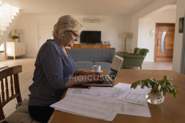 Vue latérale de la femme âgée utilisant un ordinateur portable à la maison — Photo de stock