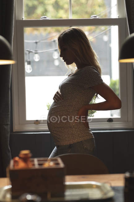 Donna incinta in piedi accanto alla finestra toccando la pancia a casa — Foto stock