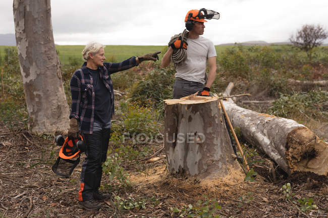 Лесоруб держит бензопилу в лесу в сельской местности — стоковое фото