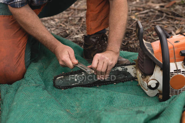 Holzfäller stellen Kettensäge im Wald ein — Stockfoto