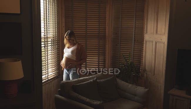 Mujer embarazada tocando su vientre cerca de la ventana en casa - foto de stock