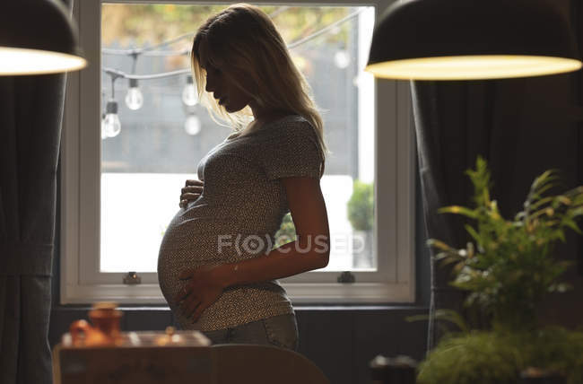 Femme enceinte debout à côté de la fenêtre touchant son ventre à la maison — Photo de stock
