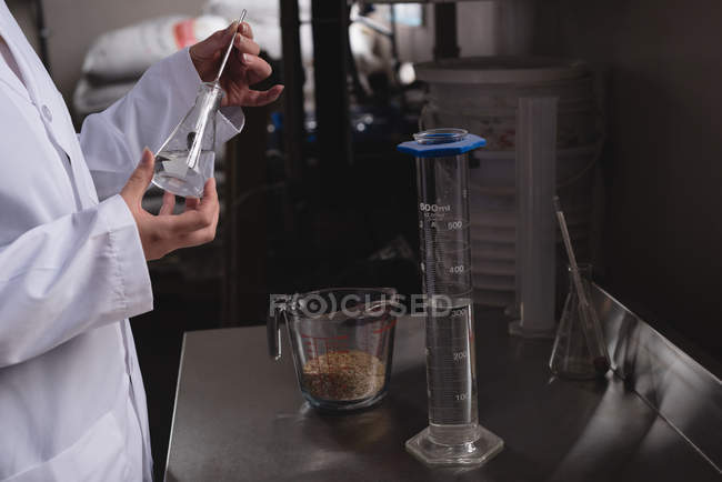 Trabalhadora verificando a qualidade do gin na fábrica — Fotografia de Stock