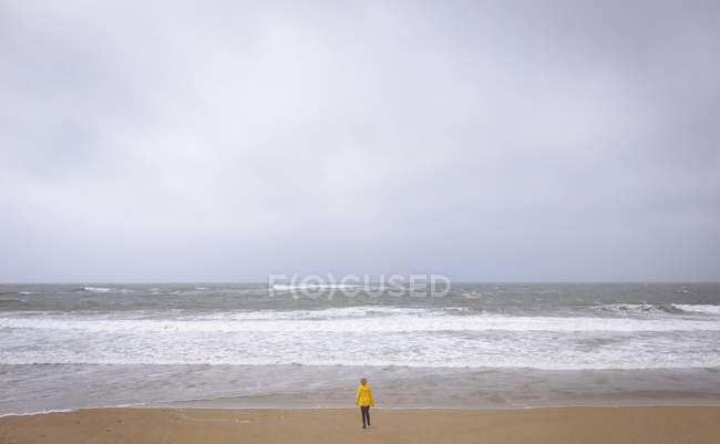 Rückansicht einer rothaarigen Frau, die im Sandstrand steht. — Stockfoto