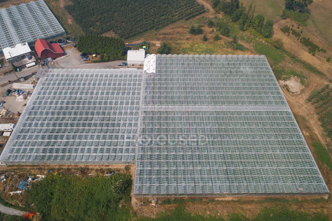 Aerial of futuristic glass roof of greenhouse in farmland. — Stock Photo
