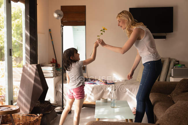 Figlia dare un fiore a sua madre in soggiorno a casa — Foto stock